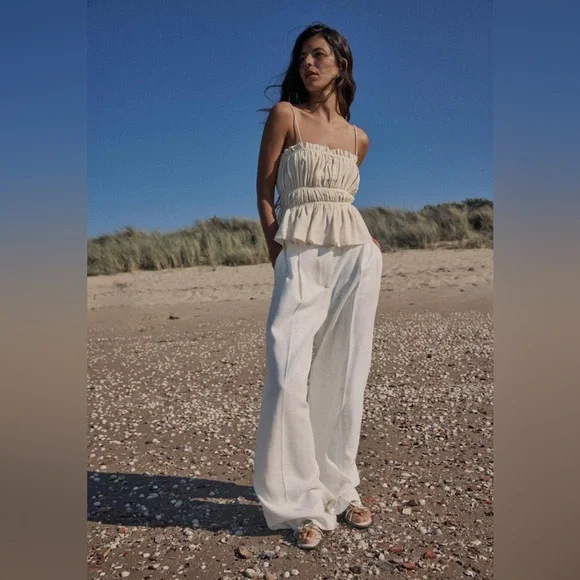 ZARA 100% LINEN RUSTIC TOP WITH STRAPS - Picture 4 of 6